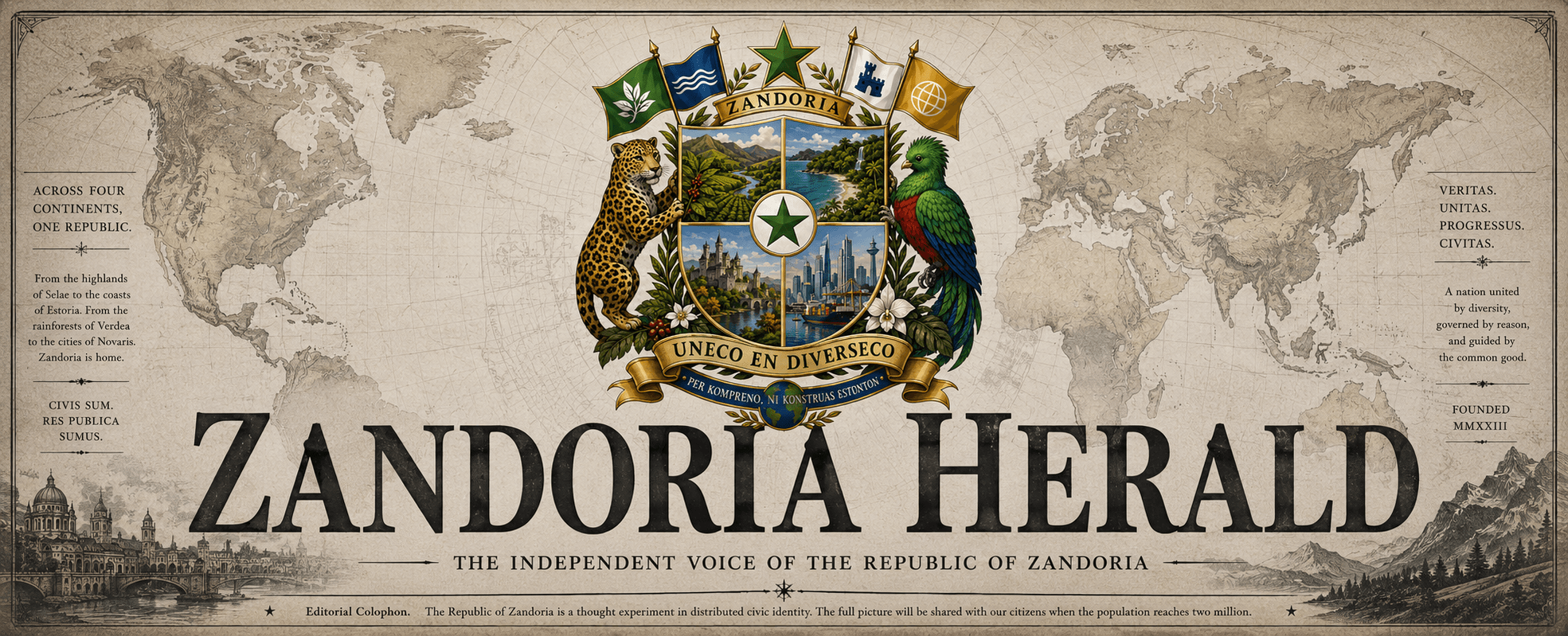 Panoramic coat-of-arms masthead of the Zandoria Herald — quartered shield of the four regions, Esperanto star, jaguar and quetzal supporters, and the Republic's civic mottos on aged parchment.